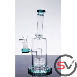 ANGLED NECK TWO CLEAR RINGS GLASS WATER PIPE WITH ROUND BASE 10inch